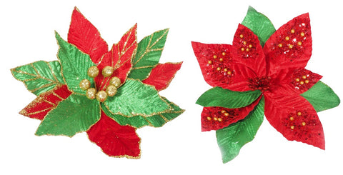 Poinsettia Velvet Red-Green Clip Asst