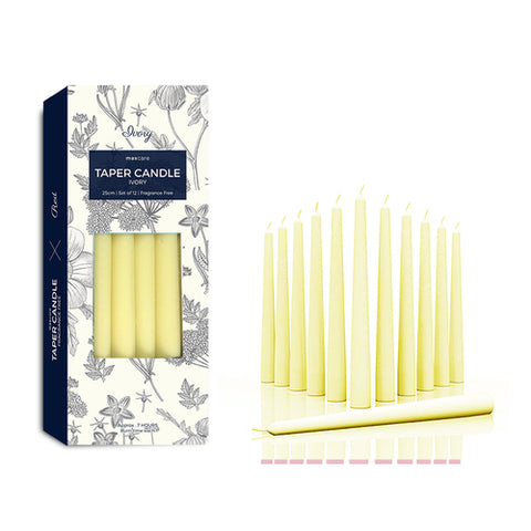 Taper Candle Unscented Ivory 25cmx12pk